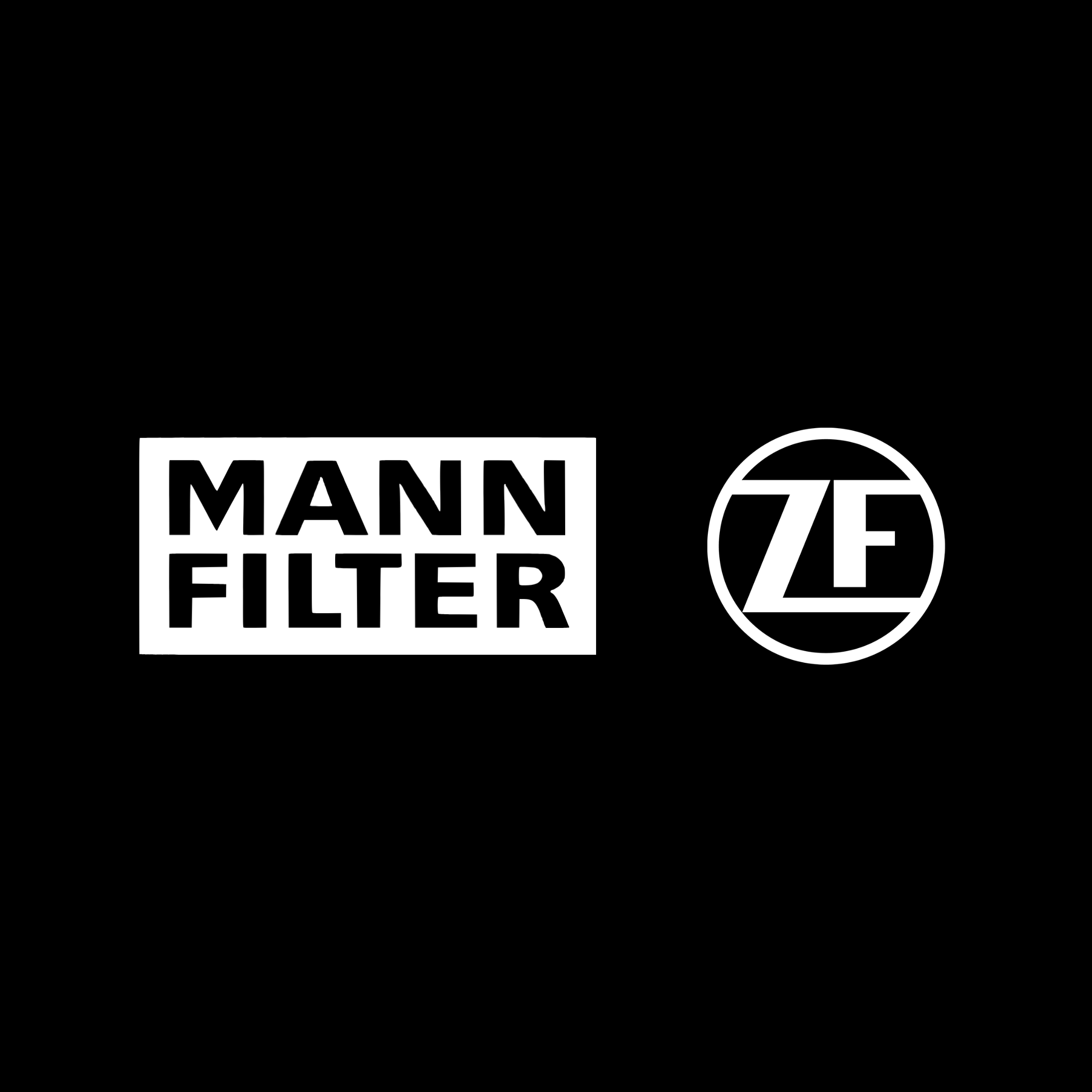 Logos MANN-FILTER et ZF sur fond noir - Principales marques de filtration automobile et de technologie de transmission.