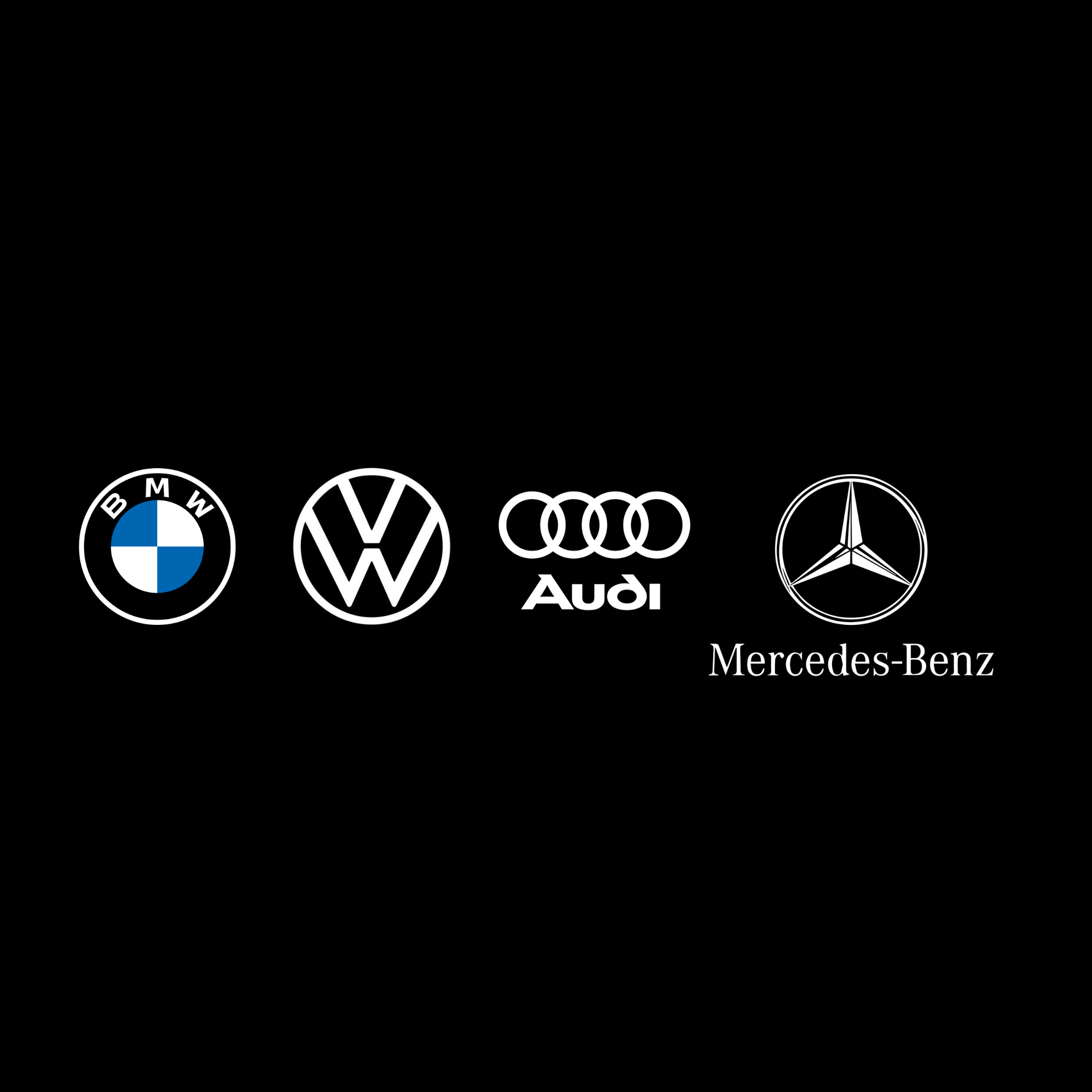 Logos de quatre grandes marques automobiles allemandes - BMW, Volkswagen, Audi et Mercedes-Benz - alignés sur un fond noir.