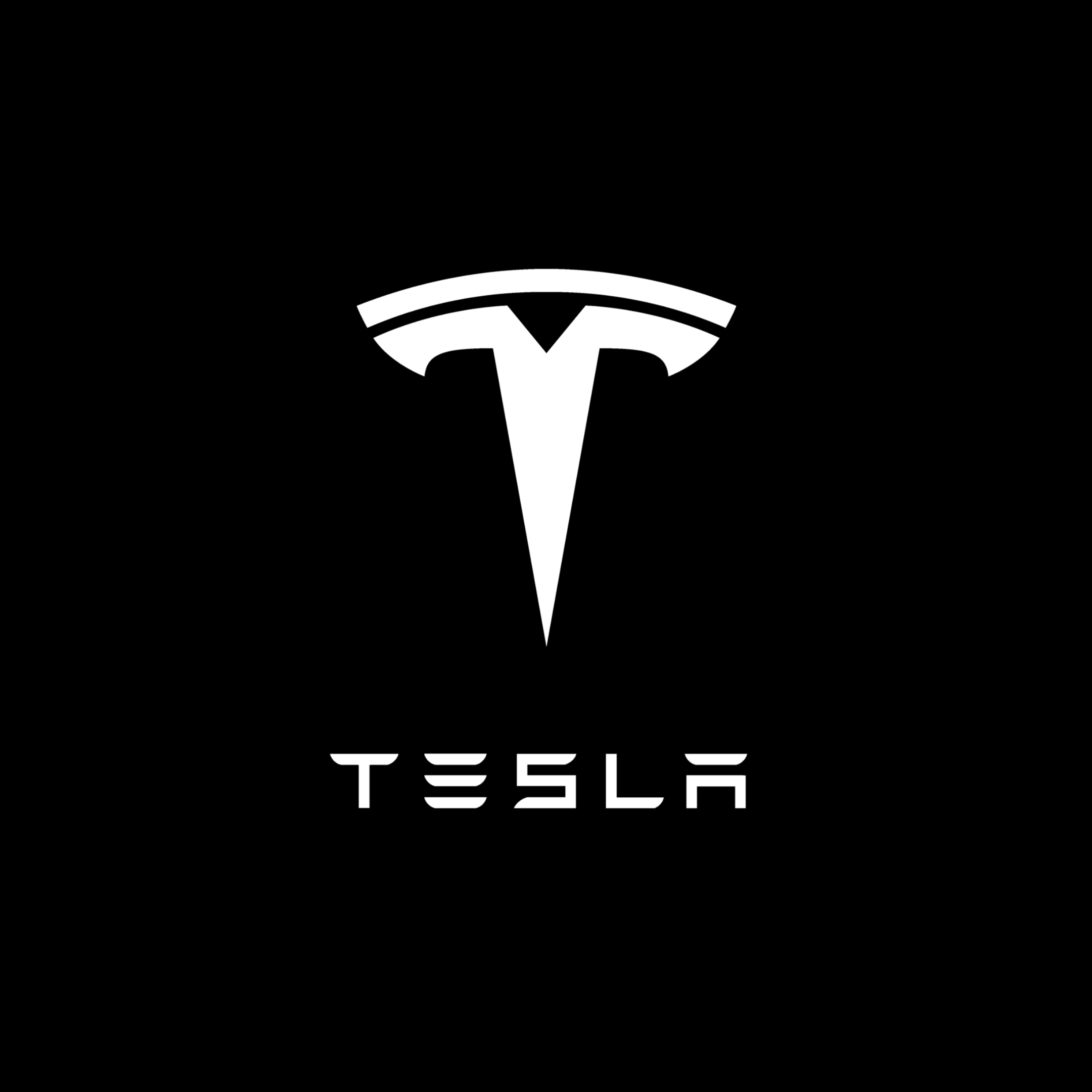 Tesla logo on a black background, featuring a sleek white 'T' symbol with the brand name 'TESLA' below it in a modern, angular font.